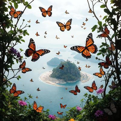Primary subject: Butterflies
Setting/background: Ocean
Visual style: Digital art
Colors and mood: Vibrant, lively